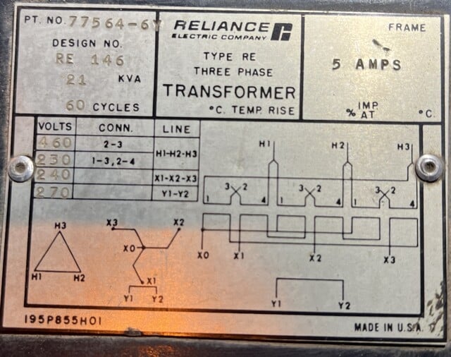 21 KVA 460 Primary, 230 Secondary, Reliance, Dry Type Transformer (2 available) - Image 2