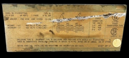 93 KVA 460 Delta Primary, 460 Delta Secondary, General Electric, Dry Type Transformer, 3 Phase - Image 2