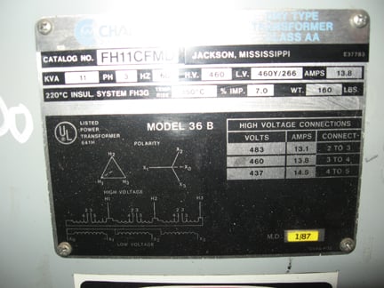 11 KVA 460 Primary, 460Y/266 Secondary, Challenger, Isolation Transformer, 3 Phase - Image 1