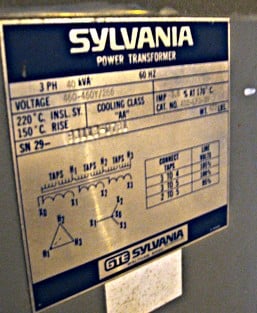 40 KVA 460 Primary, 460Y/266 Secondary, Sylvania, Isolation Transformer, 3 Phase - Image 2
