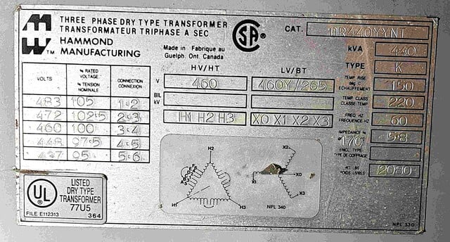 440 KVA 460 Primary, 460/265 Secondary, Hammond, Outdoor Isolation Transformer, 3 Phase - Image 3