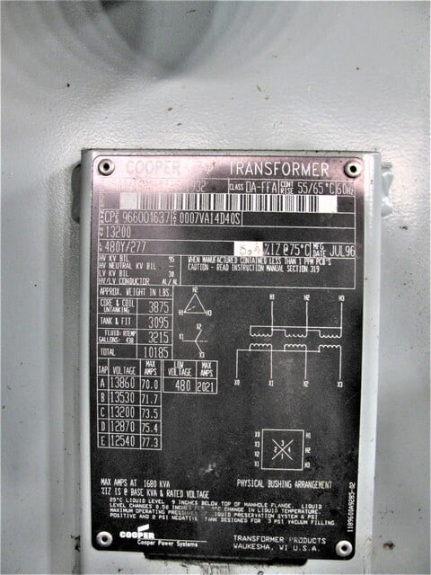 1500 KVA 13200 Primary, 277/480 Secondary, Cooper, Indoor Power Transformer, 3 Phase - Image 4
