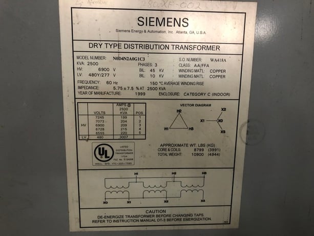2500 KVA 6900 Primary, 480Y/277 Secondary, Siemens, Indoor Unit Substation, 3 Phase - Image 4