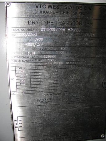 2500 KVA 6900 Primary, 480Y/277 Secondary, Westinghouse, Indoor Unit Substation, 3 Phase - Image 1