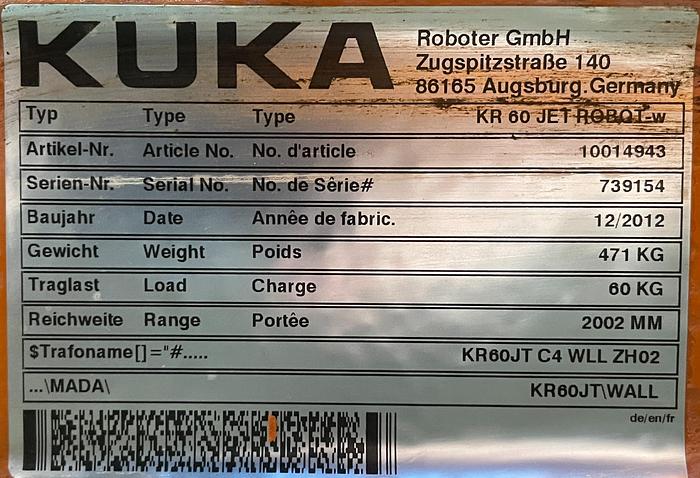 Kuka, KR60-JET, 6-Axis Articulated Robot, 60 Kg Payload, 2002 mm Reach, KRC4 Controller, 2012 - Image 4