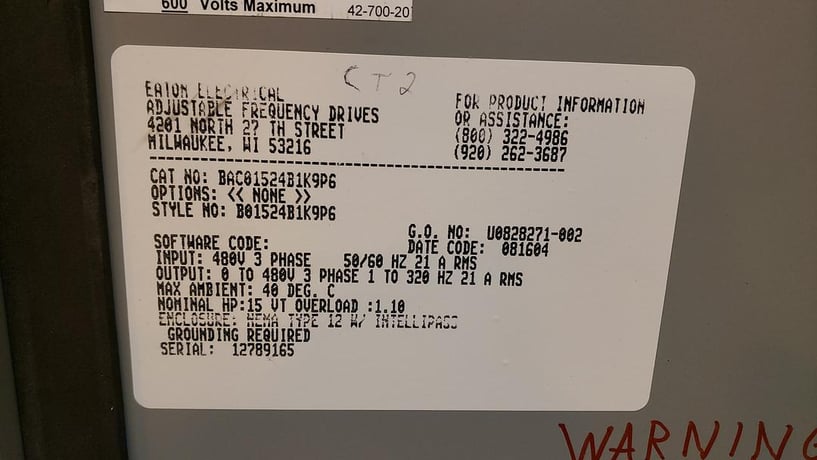 Eaton #BAC01524B1K9P6, Adjustable Frequency Drive, 480 Volts, 30 Amps (2 available) - Image 4