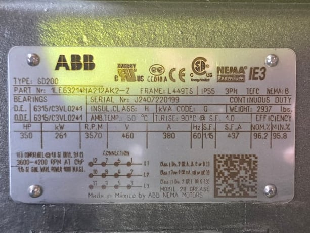 350 HP 3600 RPM ABB, Frame 449TS, TEFC BB, 460 Volts, New Surplus - Image 3