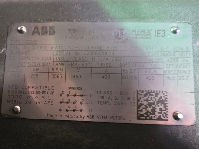400 HP 3600 RPM ABB, Frame 509S, TEFC BB, 460 Volts, New Surplus - Image 3