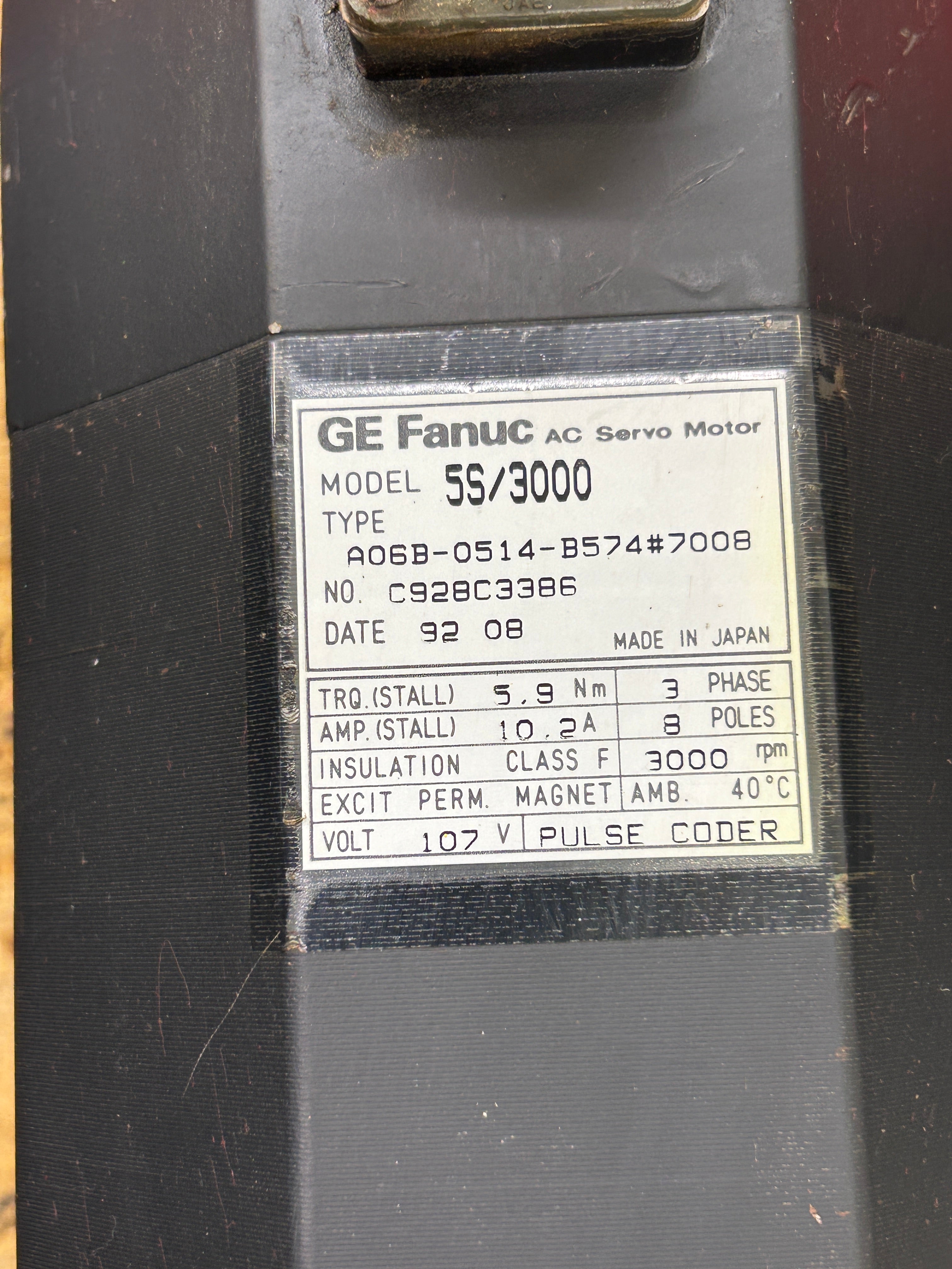 GE Fanuc #A06B-0514-B574 #7008, Model 5S/3000 AC Servo Motor, 5.9 Nm Stall Torque, 107 Volts, 10.2 Amps - Image 4