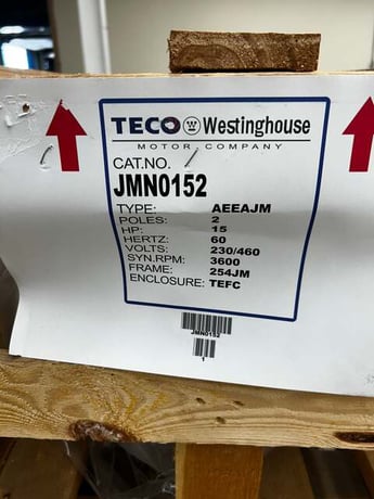 15 HP 3600 RPM TECO Westinghouse #JMN0152, Frame 254JM, TEFC, 230/460 Volts, 3 phase, New Surplus - Image 3