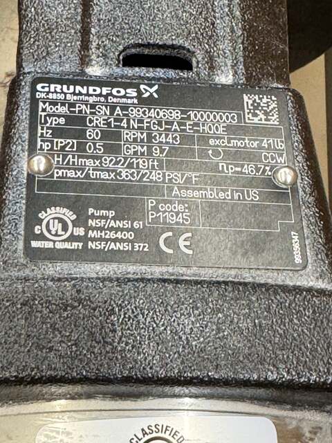9.7 GPM @ 92' TDH, Grundfos #CR1-4-N-FGJ-A-E-HQQE, Vertical Multistage Centrifugal Pump, 0.5 HP, 3443 RPM - Image 3