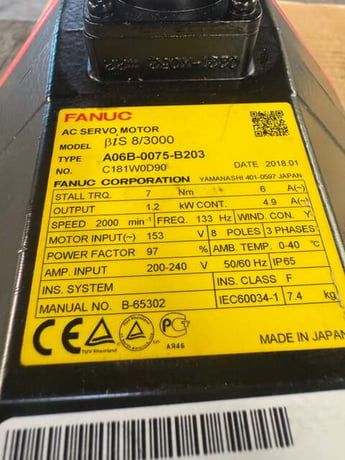 1.2 kW Fanuc #A06B-0075-B203, BiS 8/3000 AC Servo Motor, 7 Nm Stall Torque, 153 Volts, 6 Amps, IP65 - Image 6
