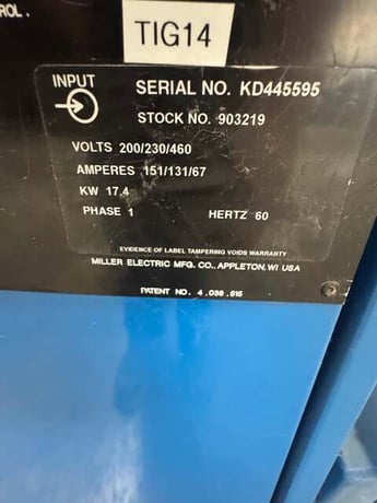 Miller #Syncrowave-351, AC/DC TIG Welder, 350 Amps at 40% Duty Cycle, 200/230/460 V., 1 Ph., w/ Coolmate 4 (2 - Image 10