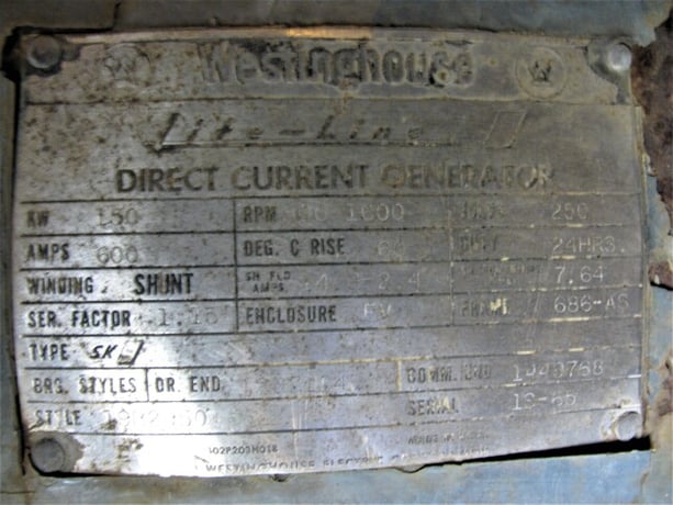 150 KW, 500 RPM, Westinghouse #19B2950, Frame 686AS, Shunt, FV, 14.6/2.4 amp, 250 VDC (2 available) - Image 1
