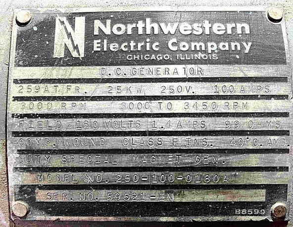 25 KW, 3000-3450 RPM, Northwestern Electric #250-100-0180A, Frame 259AT, Compound, DP, 100 amp, 250 VDC - Image 2