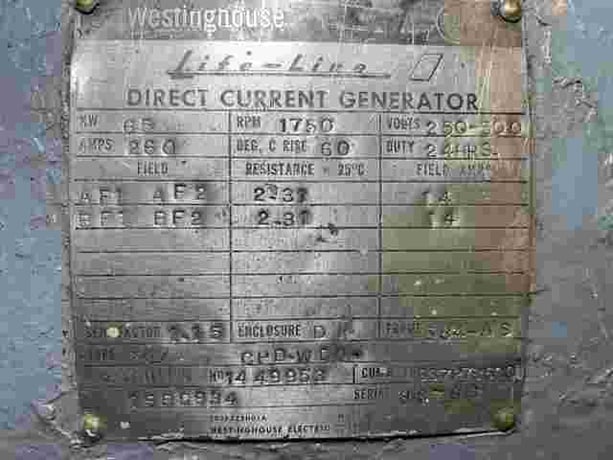 65 KW, 1750 RPM, Westinghouse #19B5934, Frame 584AS, Compound, DP, 260 amp, 250/500 VDC - Image 2