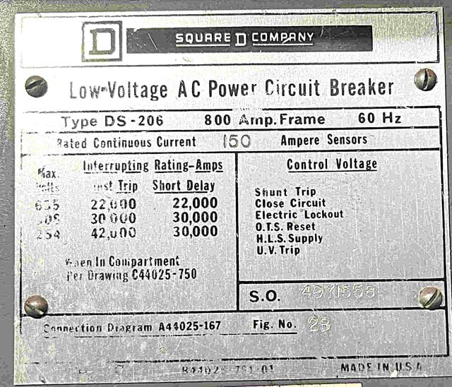 600 Amps, Square D #DS206, air circuit breaker (4 availab - Image 1