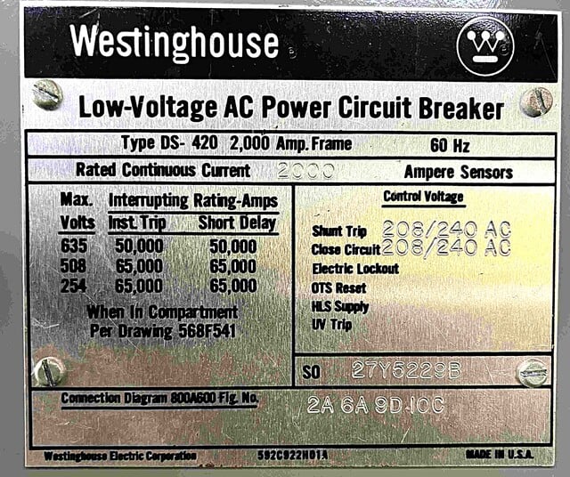 2000 Amps, Westinghouse #DS420, air circuit breaker, 635 Volts - Image 3