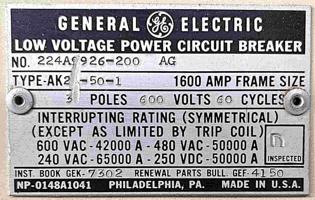 1600 Amps, General Electric #AK-2-50-1, DC circuit breaker, 600 Volts, Zero Hertz trip - Image 3