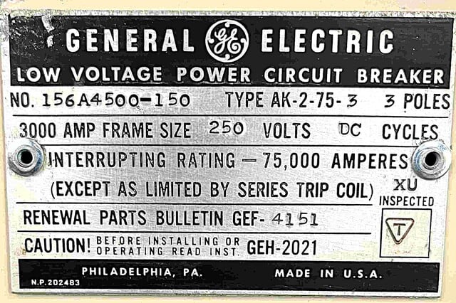 3000 Amps, General Electric #AK-2-75-3, DC circuit breaker, 250 Volts, Zero Hertz trip - Image 3