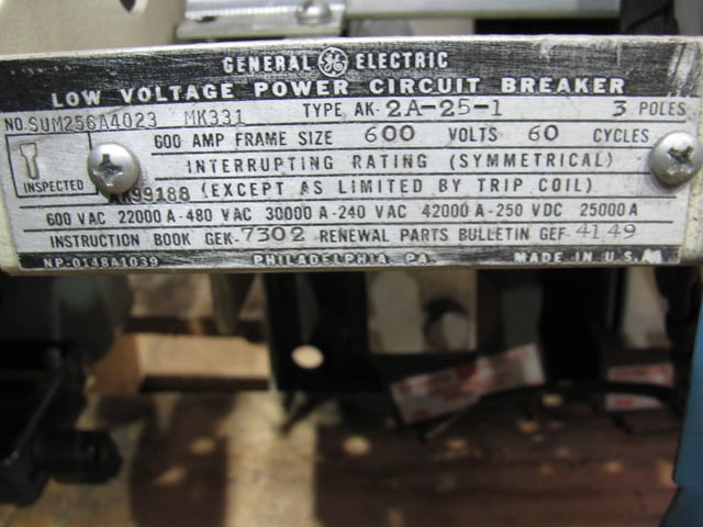 600 Amps, General Electric #AK-2A-25-1, air circuit breaker, AC Pro trip, Rebuilt - Image 3