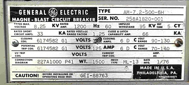 1200 Amps, General Electric #AM-7.2-500-001, air circuit brea, 7200 Volts - Image 2