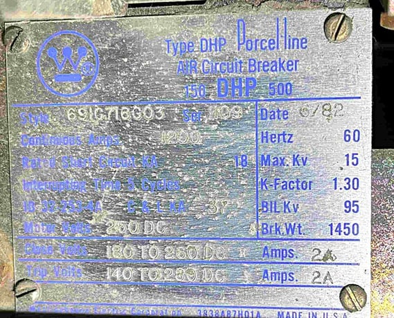 1200 Amps, Westinghouse #150-DHP-500, air circuit breaker, 15,000 Volts - Image 3