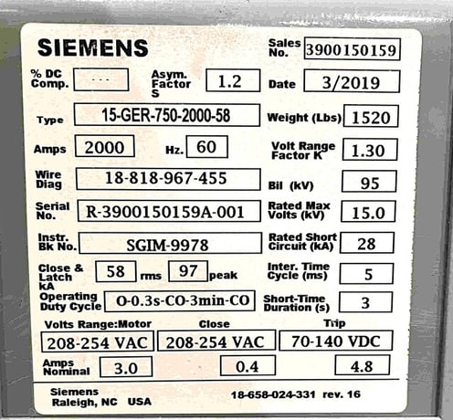 2000 Amps, Siemens #15-GER-750-2000-58, air circuit breaker, 15,000 Volts - Image 2