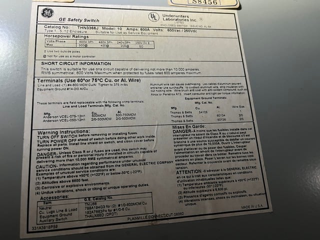 600 Amp. General Electric #THN3366J, non-fused AC safety switch, 3-pole, 600 Volts AC, 250 Volts DC - Image 3