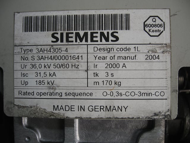 2000 Amps, Siemens #3AH4305-4, vacuum circuit breaker, 36,000 Volts - Image 5