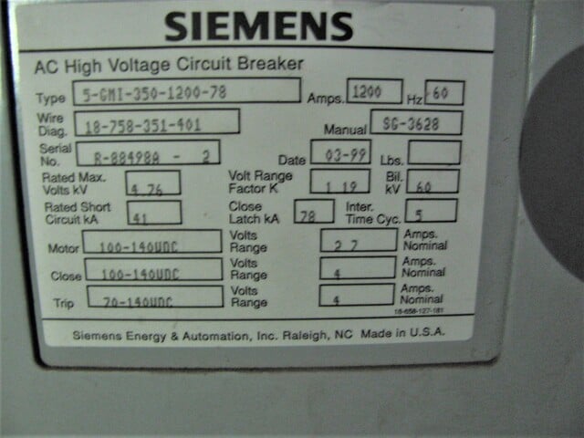 1200 Amps, Siemens #5-GMI-350-1200-78, vacuum circuit breaker, 5 KV, 1999 (5 available) - Image 2