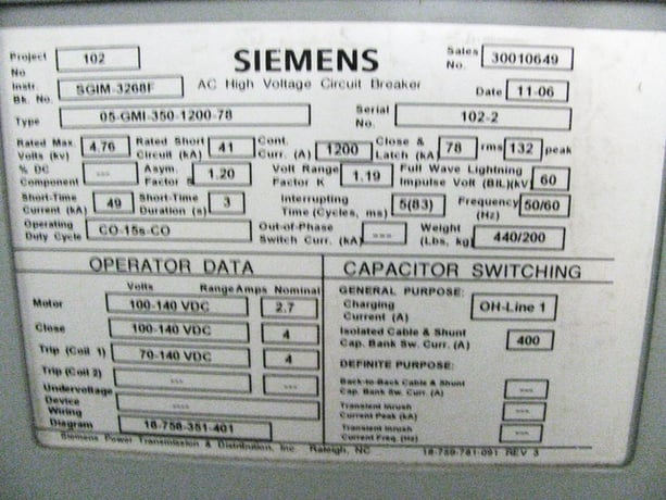 2000 Amps, Siemens #05-GMI-350-2000-78, vacuum circuit breaker, 5,000 Volts, 2006 - Image 2