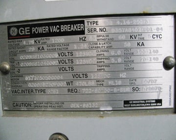 1200 Amps, General Electric Power Vac #VBI-4.16-250-0, vacuum circuit breaker, 4,760 Volts (5 available) - Image 2
