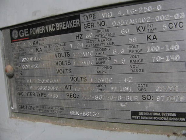 3000 Amps, General Electric Power Vac #VB1-4.16-250, vacuum circuit breaker, 5 KV, 2002 - Image 2