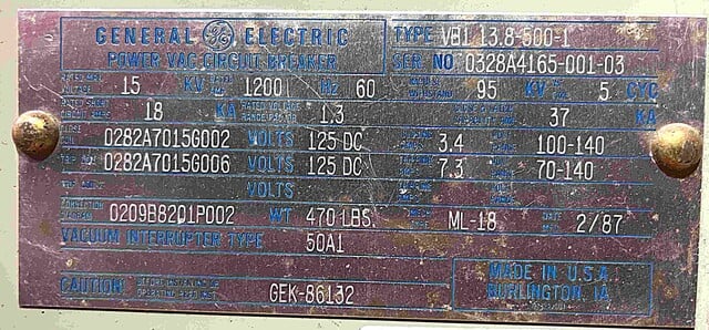 1200 Amps, General Electric Power Vac #VB1-13.8-500-03, vacuum circuit breaker, 15,000 Volts (2 available) - Image 3