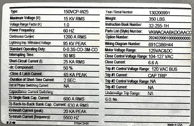 1200 Amps, Eaton #150VCP-W25, vacuum circuit breaker, 15 KV, 2013 - Image 5