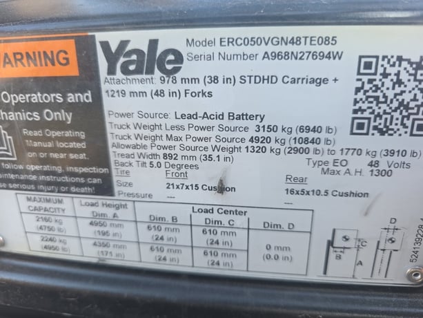 5000 lb. Yale #ERC050, electric forklift, cushion tire, 12.3 MPH, 125" -174" lift height, 2022 - Image 2