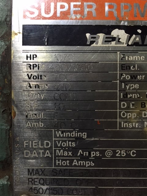 1070 HP 450/1350 RPM Reliance, Frame B1205AT, SV, 700 VA, 240 VF - Image 5