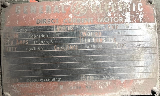 250 HP 500/1400 RPM General Electric, Frame CD6453, DPFGBV, less blower, shunt, 400 VA - Image 2