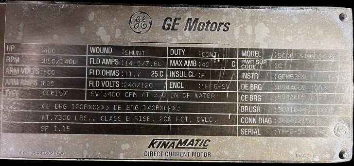 400 HP 850/11400 RPM General Electric, Frame CD6157, SPFG-SV, shunt, 500 VA, 240/120 VF - Image 2