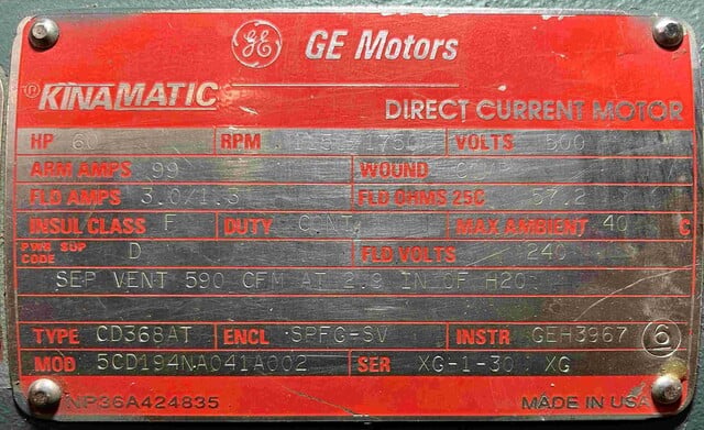 60 HP 1150/1750 RPM General Electric, Frame CD368AT, SPFG-SV, compound, 500 VA, 240 VF - Image 2