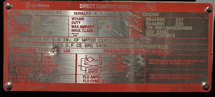 600 HP 850/1300 RPM General Electric, Frame CD6268, SPFG-SV, shunt, 500 VA, 240 VF (2 available) - Image 2
