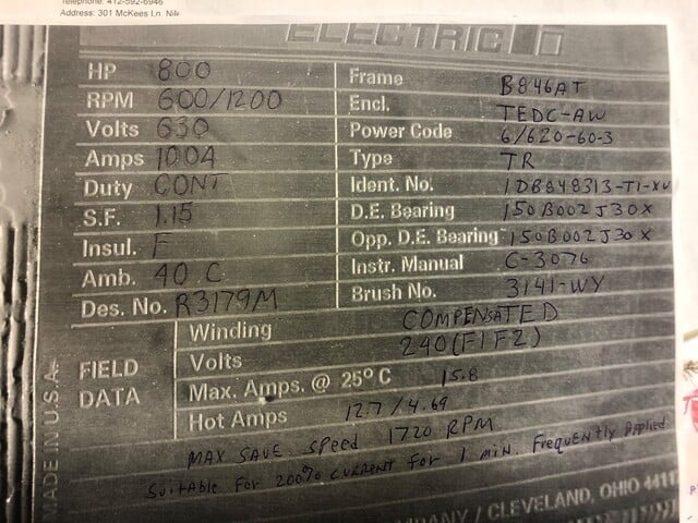 800 HP 600/1200 RPM Reliance, Frame 846AT, TEWC, compensated, 630 VA, Rebuilt (2 available) - Image 3