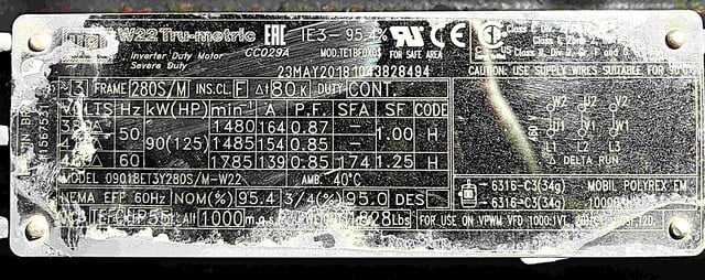 125 HP 1785 RPM WEG, Frame 280S/M, TEFC, inverter duty, 460 Volts (2 available) - Image 2