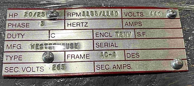 20/25 HP 1155 RPM Westinghouse, Frame AC4, DP, 440 Volts, 265/265 Sec., 1969, Rebuilt - Image 3