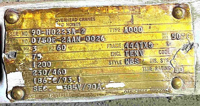 75 HP 1200 RPM Zenar, Frame A000444TXS, TENV, 230/460 Volts, 385 Sec. - Image 3