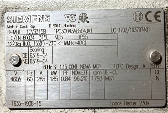 250 HP 1793 RPM Siemens, Frame 315L, TEFC, VSS, vertical solid shaft, vertical solid shaft, no ratchet, 460 - Image 3