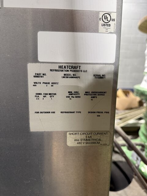 Heatcraft #LNES01A0094APC, Outdoor Air-Cooled Condensing Unit, 650 psig, 460 VAC, 3PH - Image 2