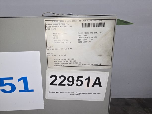 18 KW Sterling #MOT-ADV-200, Single-Zone Water Temperature Control Unit, 150 PSI, 2 HP Pump, 480 V., 2020 - Image 4