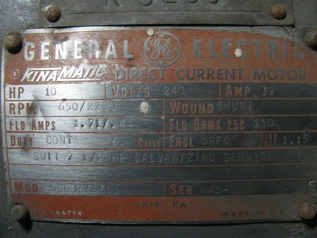 10 HP 650/2200 RPM General Electric, Frame 5CD366E501, 240 Volts, DPFG, DC Motor - Image 2